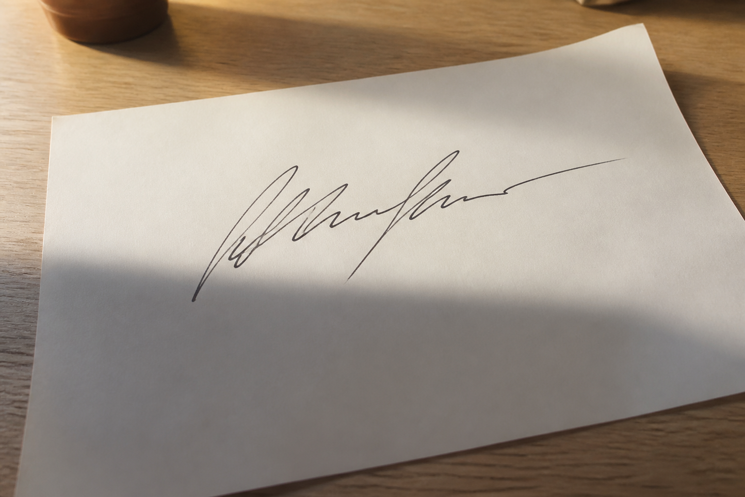 Handwritten signature photographed on paper with a warm desk shadow before background removal